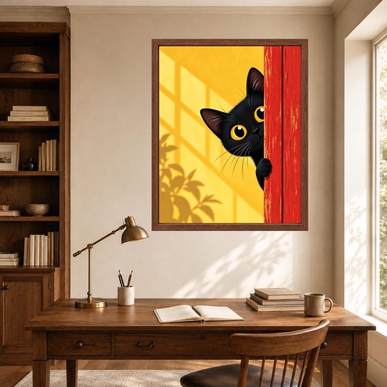 May include: A framed wall art print featuring a black cat with large yellow eyes peeking from behind a bright red curtain. The background is a vibrant yellow with a shadow of leaves cast across it, creating a warm and sunny atmosphere.