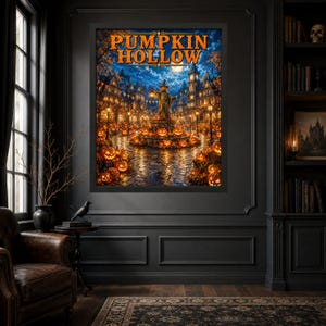May include: A framed wall art print titled PUMPKIN HOLLOW featuring a night scene of a town square filled with glowing jack-o'-lanterns, a central scarecrow figure holding a lantern, and illuminated buildings under a full moon and starry sky.