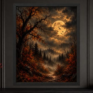 Cuadro decorativo de bosque con luna llena, paisaje otoñal gótico, lámina de murciélago espeluznante de Halloween, descarga digital. imagen 2