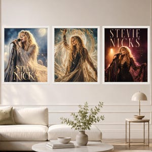 May include: Three framed wall art prints featuring Stevie Nicks. The left print shows her singing into a microphone. The center print depicts her with arms raised against a moonlit background. The right print shows her performing with the text Stevie Nicks.