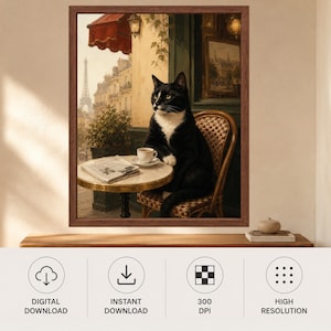 May include: A framed wall art print featuring a black and white cat sitting on a chair at a small round cafe table. On the table sits a white coffee cup and a newspaper. The background shows a Parisian street scene with the Eiffel Tower in the distance.