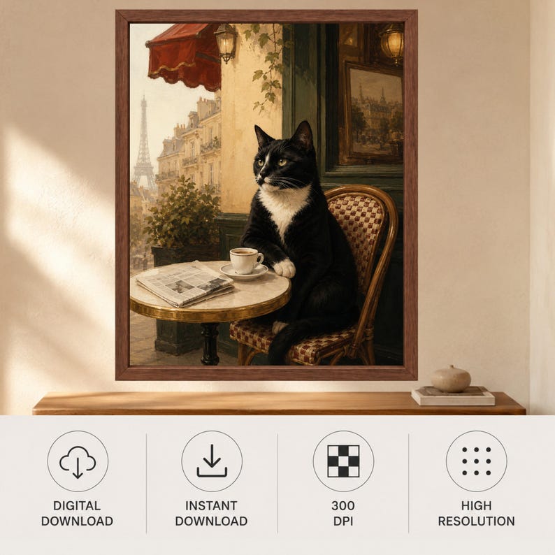 May include: A framed wall art print featuring a black and white cat sitting on a chair at a small round cafe table. On the table sits a white coffee cup and a newspaper. The background shows a Parisian street scene with the Eiffel Tower in the distance.