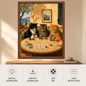 Muurdecoratie met katten die poker spelen, poster met mediterrane katten, decoratie voor de speelkamer, digitale download afbeelding 10