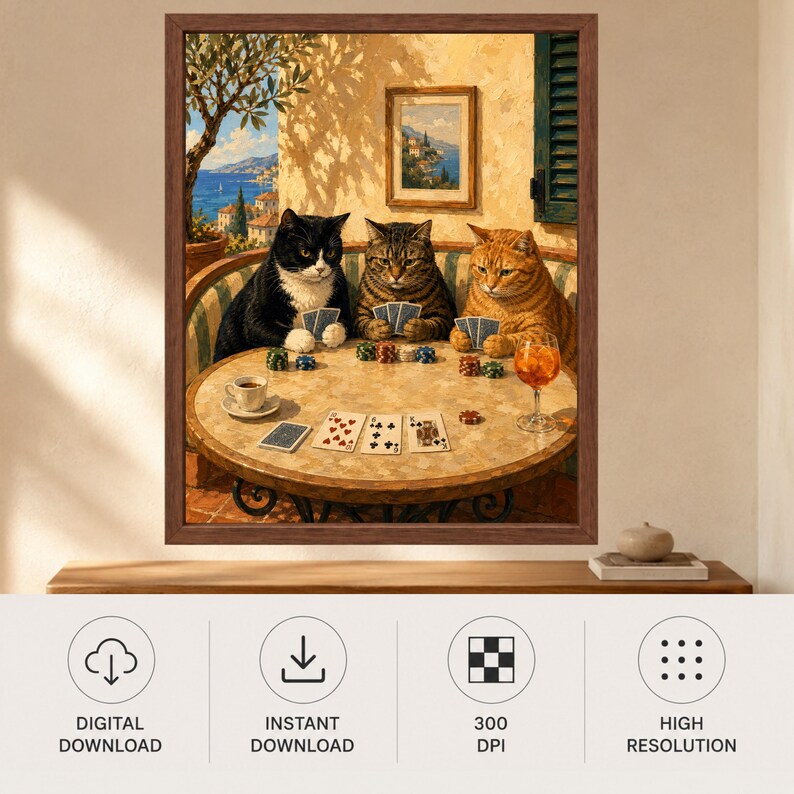 Muurdecoratie met katten die poker spelen, poster met mediterrane katten, decoratie voor de speelkamer, digitale download afbeelding 10