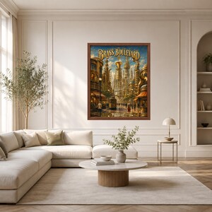 May include: A framed wall art print titled Brass Boulevard featuring a detailed cityscape with golden architectural elements, a central streetcar, and warm lighting. The artwork displays a bustling urban scene with intricate brass-toned structures under a blue sky.