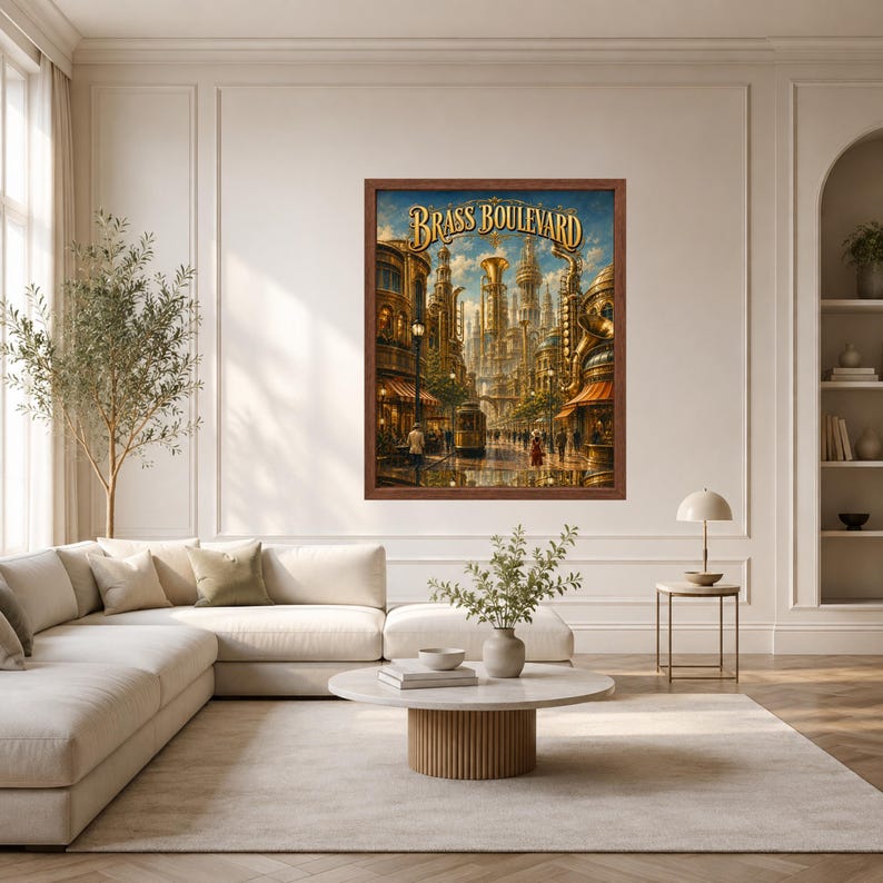 May include: A framed wall art print titled Brass Boulevard featuring a detailed cityscape with golden architectural elements, a central streetcar, and warm lighting. The artwork displays a bustling urban scene with intricate brass-toned structures under a blue sky.