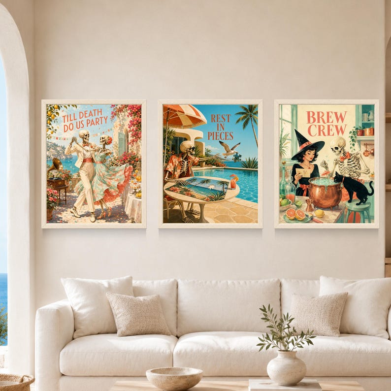 May include: Three framed wall art prints featuring skeletons in various scenes. The first shows skeletons dancing with the text TILL DEATH DO US PARTY. The second shows a skeleton by a pool with the text REST IN PIECES. The third shows a witch and skeleton with the text BREW CREW.