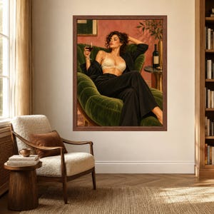 Woman With Wine Wall Art, Green Velvet Lounge Print, Fashion Poster (Digital Download) immagine 3