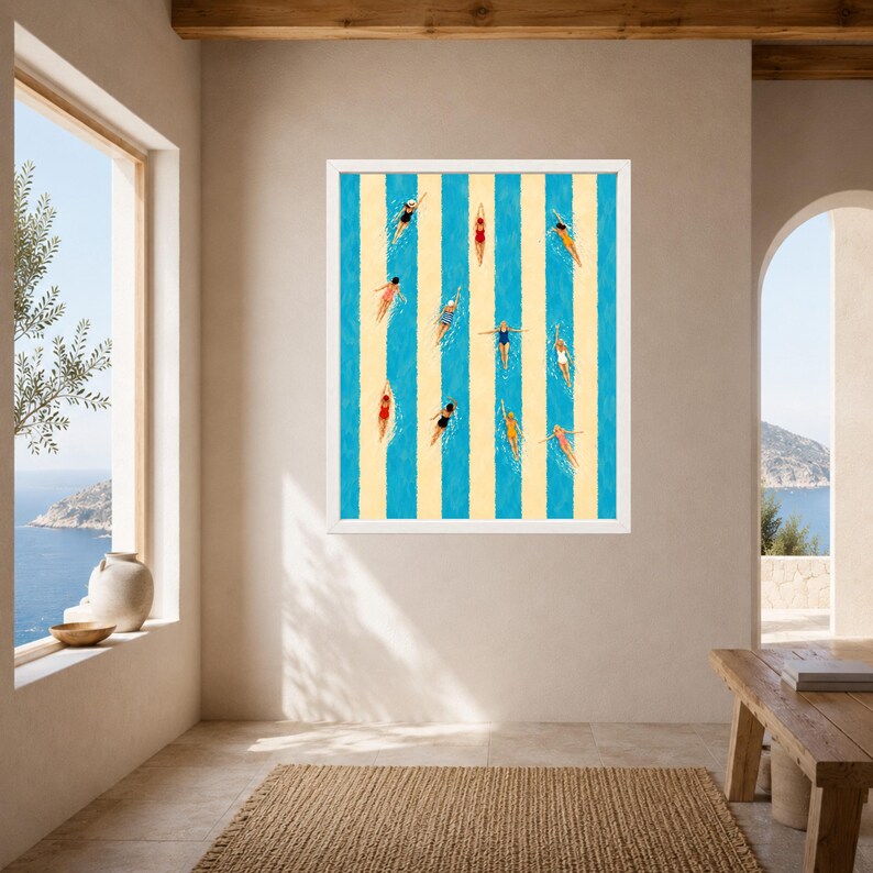 May include: A framed wall art print featuring a top-down view of multiple swimmers in various colored swimsuits, including red, blue, and yellow, swimming in lanes defined by alternating vertical stripes of bright blue and pale yellow.