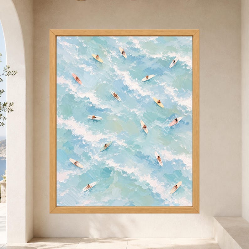 Aerial Surfers Ocean Print, Pastel Blue Coastal Art (Digital Download) image 9