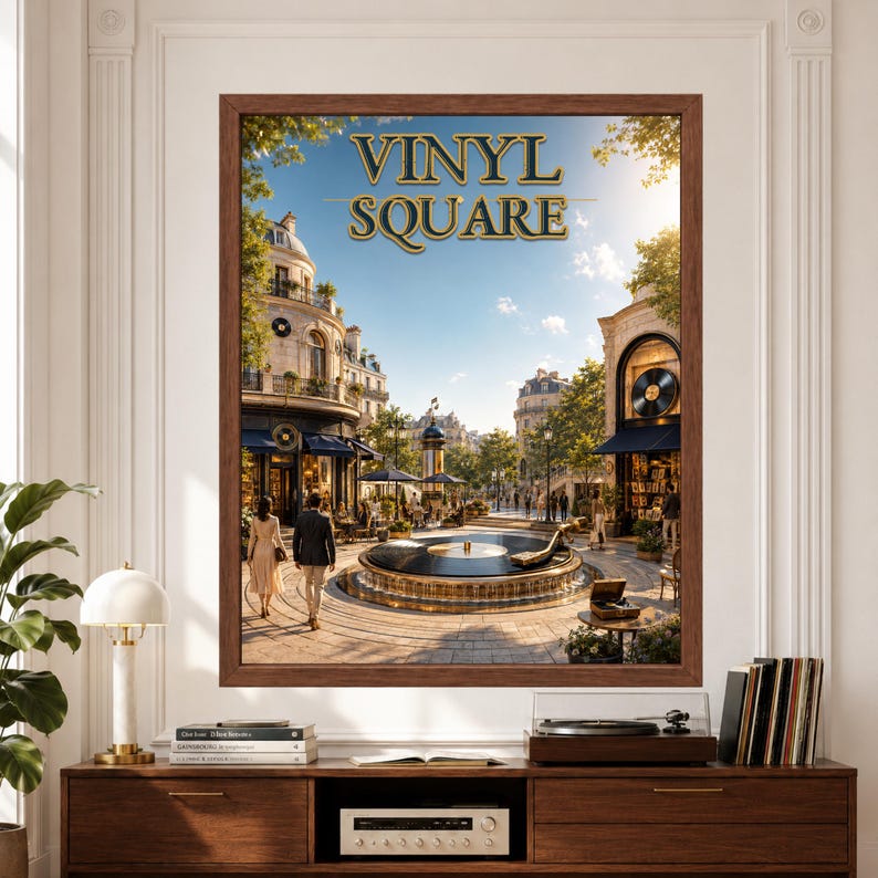 vinyl square art, record player art, vinyl lover decor, music city poster, record store decor, turntable wall art, vinyl record art, music room decor, record lover gift, fantasy music art, cityscape wall art, retro music poster, digital wall art