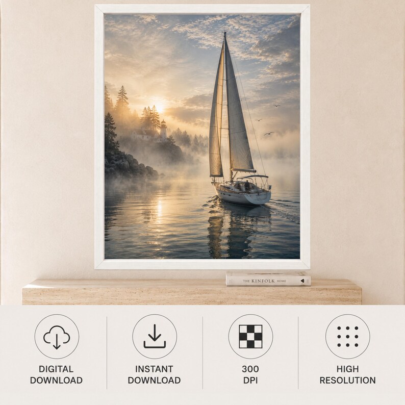 May include: A framed wall art print featuring a sailboat on calm water during a foggy sunrise. A lighthouse stands on a rocky, tree-lined shore in the background. The scene is illuminated by soft golden light, with birds flying in the distance.