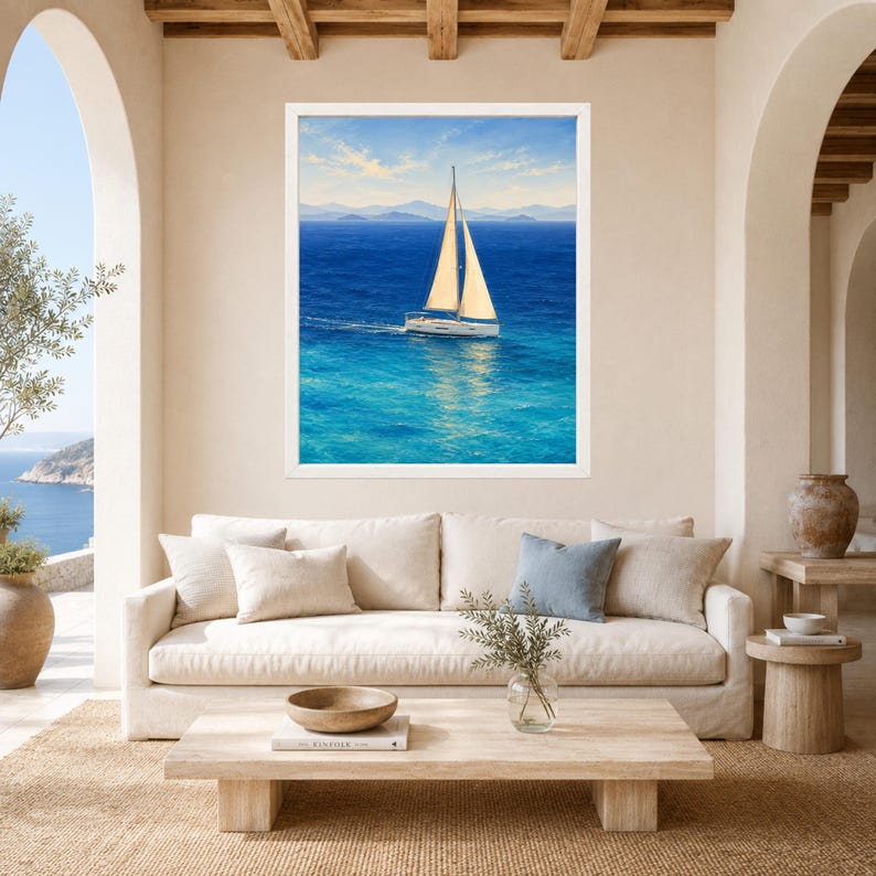 Peut inclure: Une impression d'art encadr&eacute;e repr&eacute;sentant un voilier aux voiles couleur cr&egrave;me naviguant sur des eaux oc&eacute;aniques bleu profond sous un ciel lumineux. La sc&egrave;ne inclut des montagnes lointaines &agrave; l'horizon et le reflet du bateau sur l'eau.