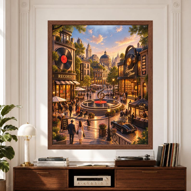 Framed music city wall art featuring a lively European-style square filled with giant vinyl records, record stores, jazz cafés, outdoor tables and a central vinyl fountain topped with a treble clef at golden hour.