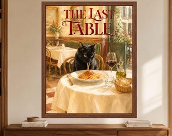 The Last Table Print, Black Cat Eating Spaghetti, Italian Restaurant Art (Digital Download)
