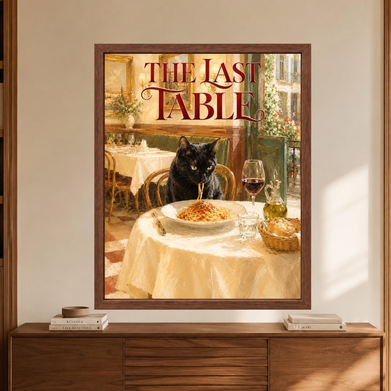 Framed black cat pasta wall art showing a black cat eating spaghetti alone at an elegant Italian restaurant table with red wine, bread and olive oil beneath The Last Table lettering.