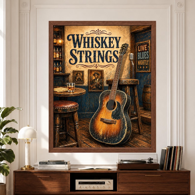 Framed Whiskey Strings blues wall art featuring a weathered acoustic guitar in a rustic bar with wooden stools, whiskey glass, vintage blues portraits, distressed blue walls and a Live Blues Nightly sign.