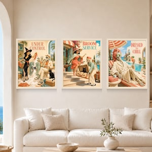 Zabawny plakat z miotłą czarownicy-szkieletu, retro nadmorska sztuka halloweenowa (do pobrania cyfrowego) zdjęcie 10