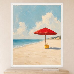 May include: A framed painting depicting a bright red beach umbrella and a yellow tote bag on a sandy beach. The scene features a calm blue ocean, a clear sky with white clouds, and a distant coastline, all rendered in a painterly style.