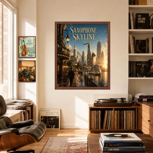 May include: A framed wall art print titled Saxophone Skyline featuring a city landscape with skyscrapers, a waterfront, and a couple walking, displayed in a room with a record player, vinyl records, and two smaller framed music-themed prints.