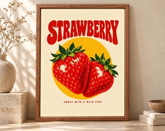 Retro Strawberry Wall Art, Vintage Fruit Poster, Kitchen Decor (Digital Download)