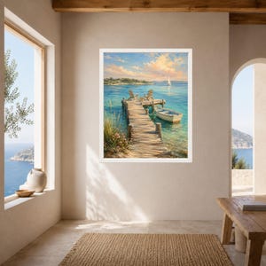 May include: A framed wall art print depicting a wooden pier extending into calm blue water. Two chairs sit on the dock near a small white rowboat. In the distance, a sailboat is visible under a soft sky with light clouds and warm sunlight.
