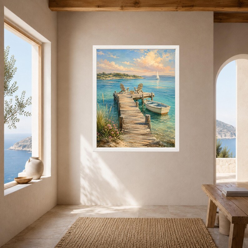 May include: A framed wall art print depicting a wooden pier extending into calm blue water. Two chairs sit on the dock near a small white rowboat. In the distance, a sailboat is visible under a soft sky with light clouds and warm sunlight.