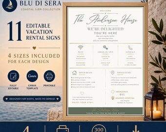 Airbnb Sign Bundle, 11 Editable Canva Templates for Vacation Rentals in Sage Green