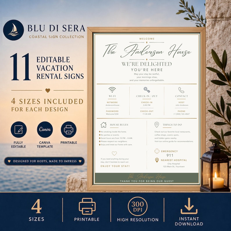 Editable Airbnb vacation rental sign bundle with 11 Canva templates in four sizes, featuring a sage green printable welcome sign, 300 DPI and instant download.