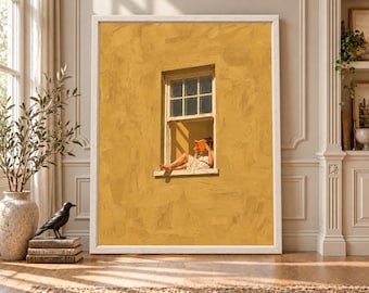 Lámina con imagen de una mujer leyendo en la ventana, arte mural en color amarillo mostaza, decoración para amantes de los libros (descarga digital).