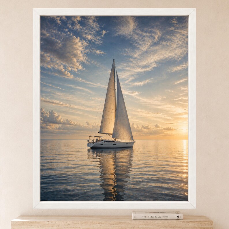 May include: A framed wall art print featuring a white sailboat with a tall mast and sails on calm water during a golden sunset. The sky is filled with soft, wispy clouds reflecting warm orange and blue light, creating a serene maritime scene.