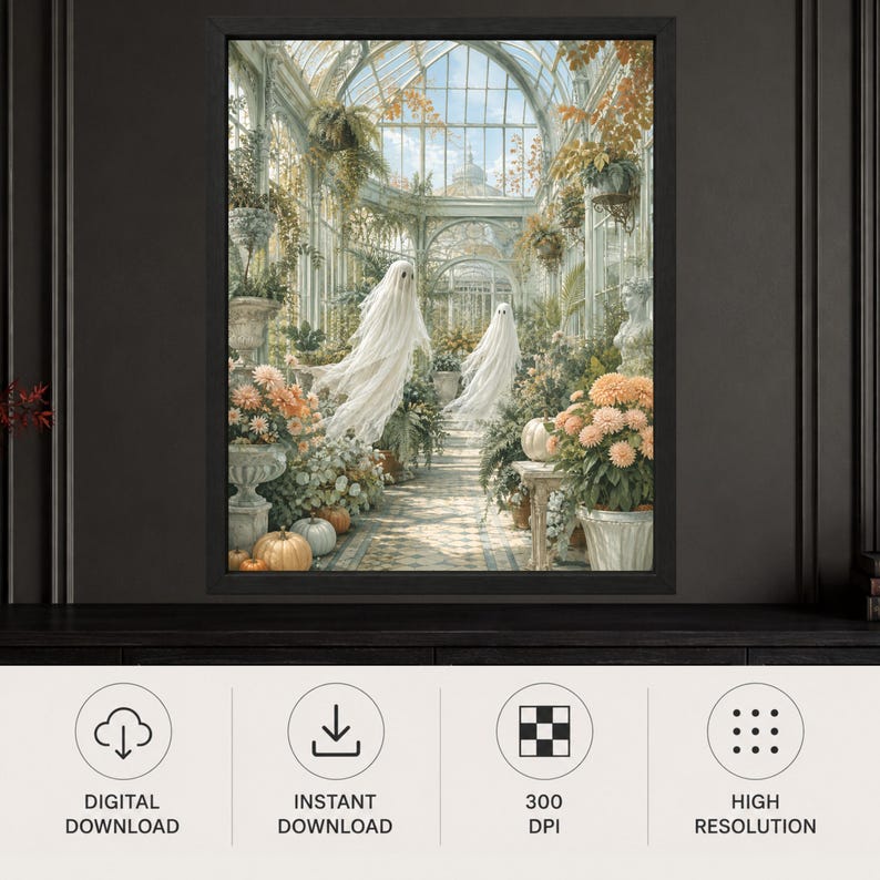 May include: A framed wall art print depicting a glass greenhouse interior with two translucent white ghost figures floating among potted orange flowers, lush green foliage, and several pumpkins arranged on a tiled floor under a vaulted ceiling.