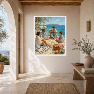 May include: A framed wall art print depicting a coastal scene with three people sitting on a rocky shore by the blue sea. One person plays an acoustic guitar while sitting on a striped blanket near a woven picnic basket filled with oranges.