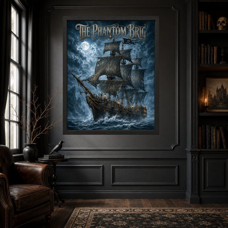 May include: A framed wall art print titled The Phantom Brig, depicting a dark, weathered sailing ship navigating turbulent, choppy ocean waters under a full moon and cloudy night sky, with tattered sails and glowing lights on the deck.