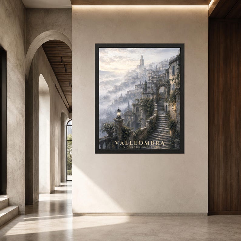 May include: A framed wall art print depicting a hillside town shrouded in mist, featuring stone staircases, archways, and glowing lanterns. The text VALLEOMBRA City Above the Silent Clouds is printed in gold at the bottom of the dark-framed artwork.