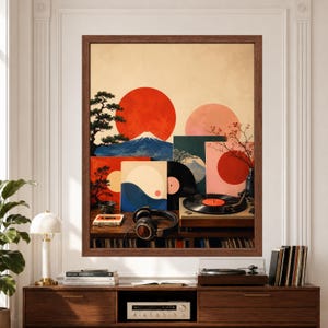 Framed Japanese vinyl wall art featuring a record player, black vinyl records, headphones and colorful album covers with Mount Fuji, red sun, pine tree and geometric Japanese-inspired artwork above a record player console.