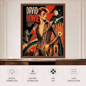 May include: A framed poster featuring a stylized illustration of David Bowie in a striped jumpsuit. The artwork includes a large red lightning bolt, a moon, a city skyline, and the text: DAVID BOWIE, STARMAN, REBEL, ICON. The design uses vibrant colors.