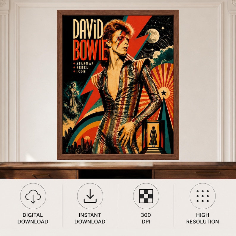 May include: A framed poster featuring a stylized illustration of David Bowie in a striped jumpsuit. The artwork includes a large red lightning bolt, a moon, a city skyline, and the text: DAVID BOWIE, STARMAN, REBEL, ICON. The design uses vibrant colors.