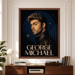 Framed George Michael wall art featuring a vintage-inspired 1980s pop portrait in a black leather jacket against a deep blue celestial background with subtle stars and large elegant George Michael typography above a record player console.