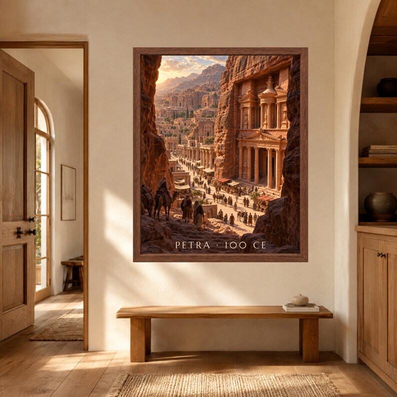 May include: A framed wall art print depicting the ancient city of Petra with its carved sandstone architecture, columns, and figures with camels on a path. The image features warm golden lighting and includes the text PETRA 100 CE at the bottom.