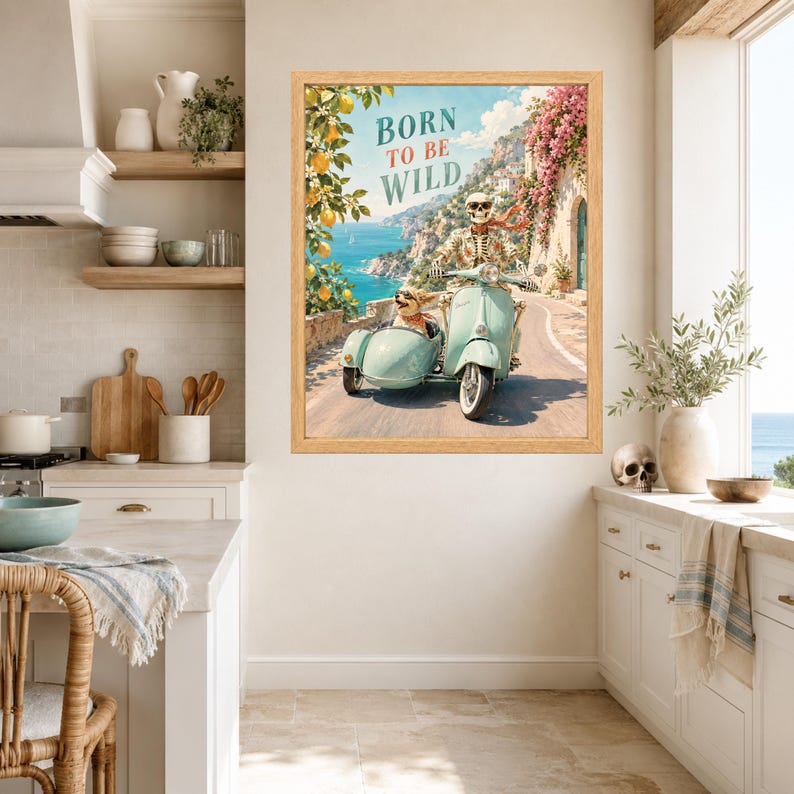 May include: A framed wall art print featuring a skeleton wearing sunglasses and a floral shirt riding a light blue scooter with a sidecar containing a small dog. The text BORN TO BE WILD is printed above the scooter against a coastal background.