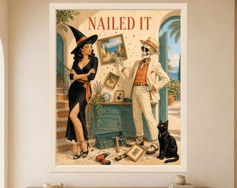 Funny Skeleton Witch Black Cat Nailed It Poster, Retro Halloween Humor Art (Digital Download)