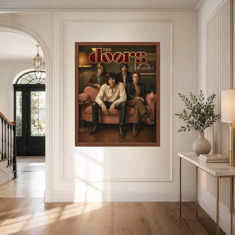May include: A framed rectangular wall art print featuring the band The Doors. The image shows four individuals sitting on a pink sofa in a dimly lit room. The text THE DOORS is printed in a stylized gold and red font at the top of the artwork.