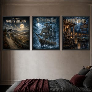 May include: Three framed wall art prints featuring dark, atmospheric scenes. The left print shows a wolf on a cliff under a full moon titled The Wolf's Shadow. The center print depicts a ghost ship titled The Phantom Brig. The right print shows a motel scene titled The Haunted Motel.