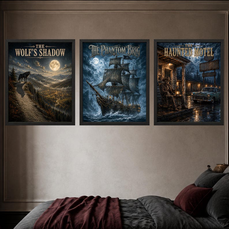 May include: Three framed wall art prints featuring dark, atmospheric scenes. The left print shows a wolf on a cliff under a full moon titled The Wolf's Shadow. The center print depicts a ghost ship titled The Phantom Brig. The right print shows a motel scene titled The Haunted Motel.