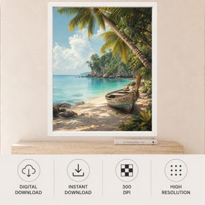 Puede incluir: Una impresi&oacute;n de arte mural enmarcada que muestra un barco de madera desgastado descansando en una playa de arena. La escena incluye un oc&eacute;ano turquesa, una costa rocosa y palmeras verdes bajo un cielo azul brillante con nubes blancas. La impresi&oacute;n est&aacute; sobre un estante.