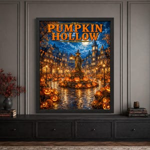 Framed Halloween village wall art featuring a pumpkin-headed scarecrow in a moonlit town square filled with glowing jack-o’-lanterns, autumn decorations, timbered buildings and a clock tower beneath bold “Pumpkin Hollow” typography.