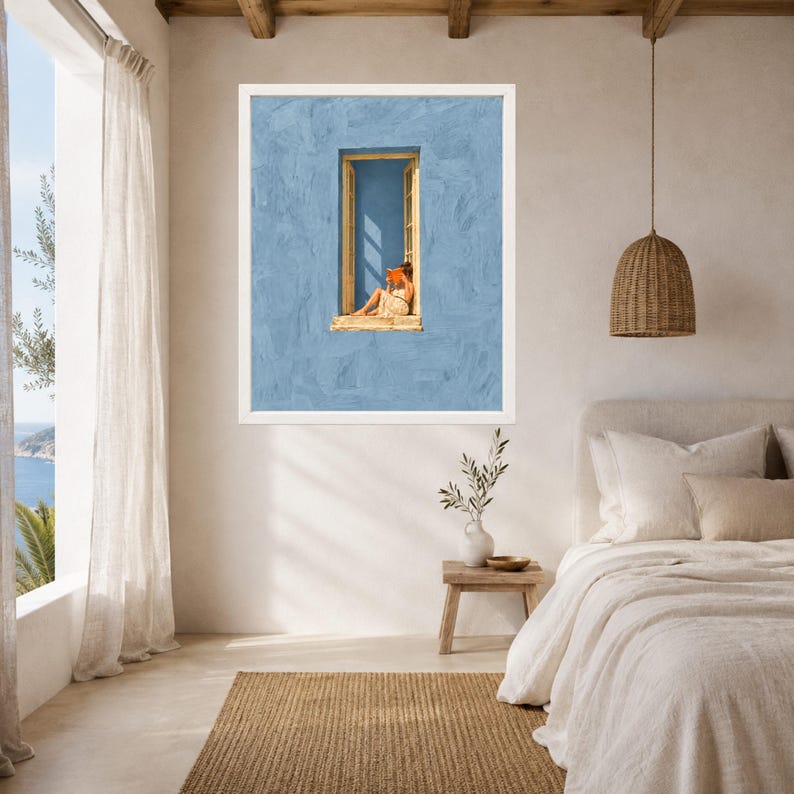 Woman Reading in Window Print, Mediterranean Blue Wall Art (Digital Download) image 5