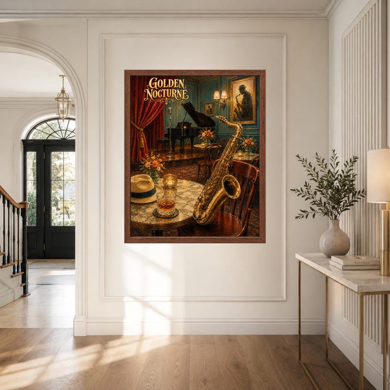 May include: A framed wall art print titled Golden Nocturne featuring a jazz club scene with a gold saxophone, a fedora hat, and a glass of amber liquid on a table. The background shows a grand piano, red curtains, and a framed portrait on a blue wall.