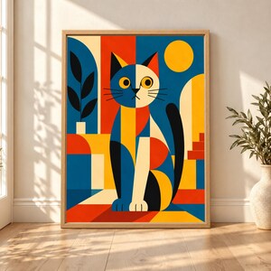 Geometric Cat Print, Mid-Century Modern Bauhaus Animal Art (Digital Download) image 7